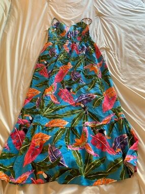 Tropical Parrot Print Maxi Sundress - Teal with Bright Accents
